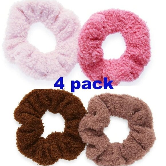 Nordstrom Fleece Teddy Fuzzy Scrunchies 4-pack Brown Pink - Picture 1 of 5